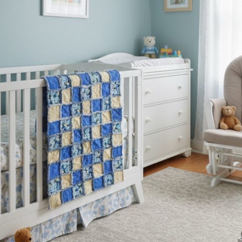 Handmade Reversible Denim, Blue and Cream Patchwork Rag Quilt 38x55